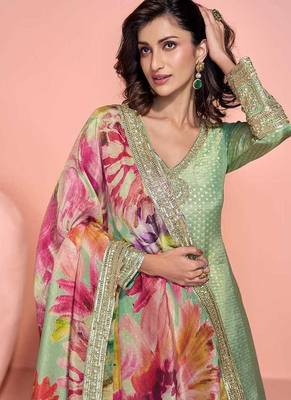 Pista green viscose jacquard silk embroidered readymade gown with dupatta 5