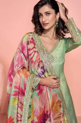 Pista green viscose jacquard silk embroidered readymade gown with dupatta