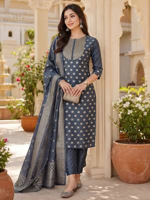 women's chanderi silk embroidered kurta set with jacquard dupatta 1