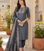 women's chanderi silk embroidered kurta set with jacquard dupatta