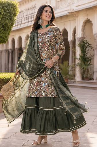  women's kalamkari print straight side slit kurta sharara with dupatta