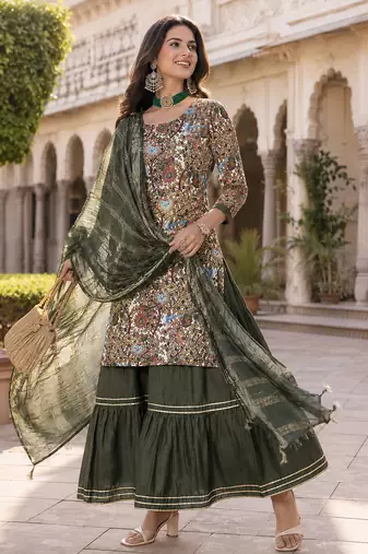  women's kalamkari print straight side slit kurta sharara with dupatta