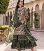  women's kalamkari print straight side slit kurta sharara with dupatta