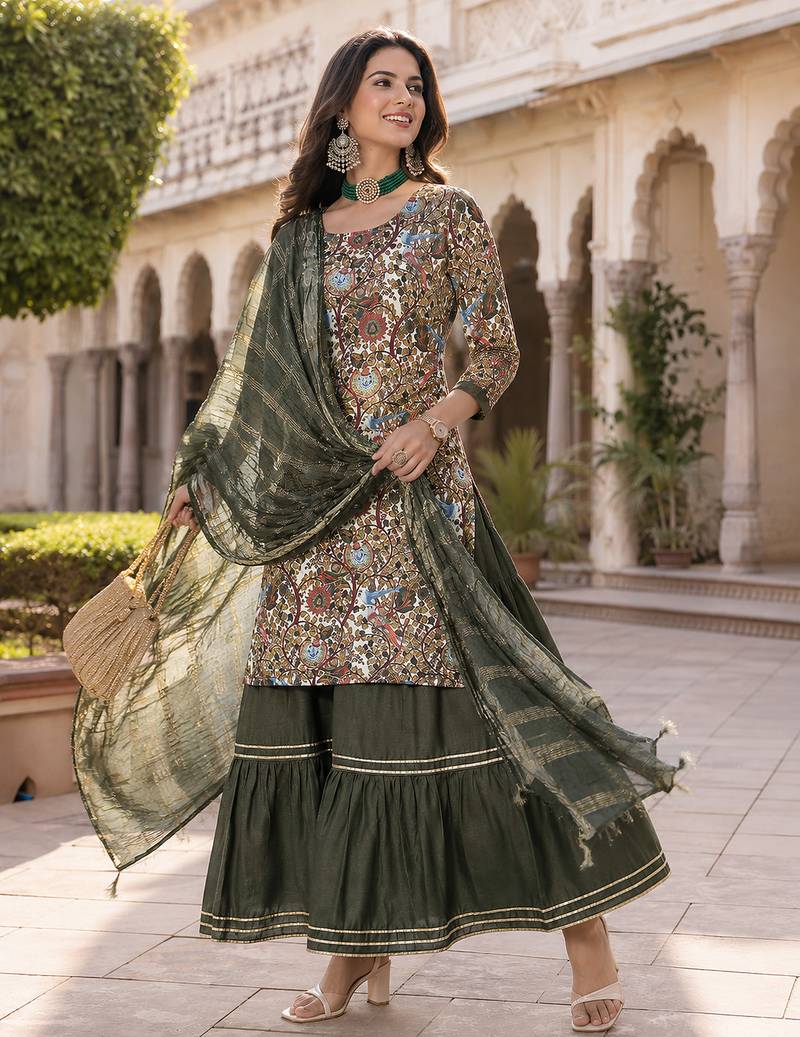  women's kalamkari print straight side slit kurta sharara with dupatta