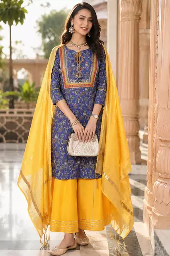 women's kalamkari print straight side slit kurta skirt with  dupatta