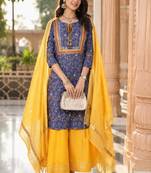 women's kalamkari print straight side slit kurta skirt with  dupatta