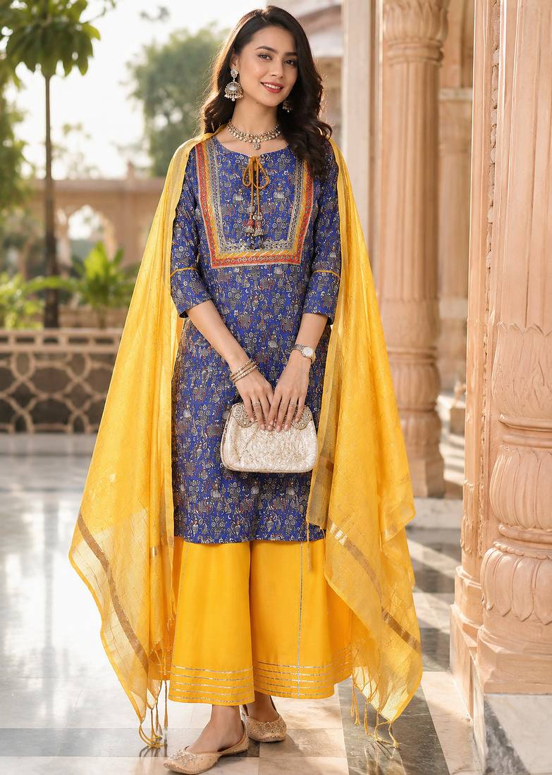 women's kalamkari print straight side slit kurta skirt with  dupatta