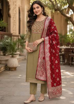  women's beige art silk  heavy embroidered kurta set with dupatta 1
