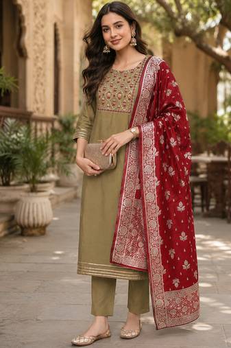  women's beige art silk  heavy embroidered kurta set with dupatta