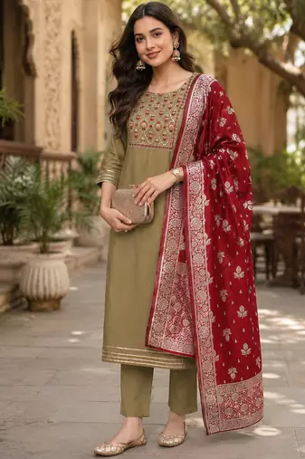  women's beige art silk  heavy embroidered kurta set with dupatta