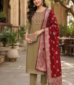  women's beige art silk  heavy embroidered kurta set with dupatta