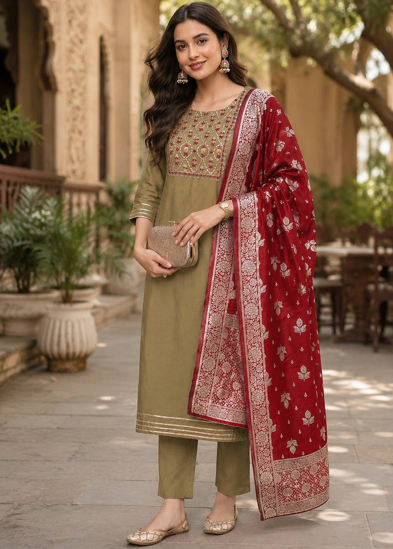  women's beige art silk  heavy embroidered kurta set with dupatta