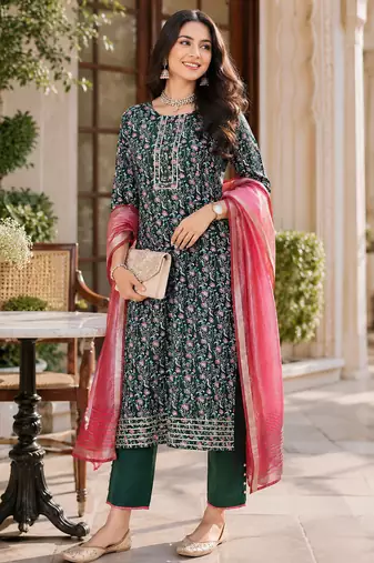  women's kalamkari print straight side slit kurta pant set with organza dupatta