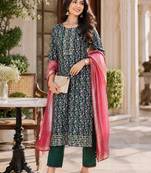  women's kalamkari print straight side slit kurta pant set with organza dupatta