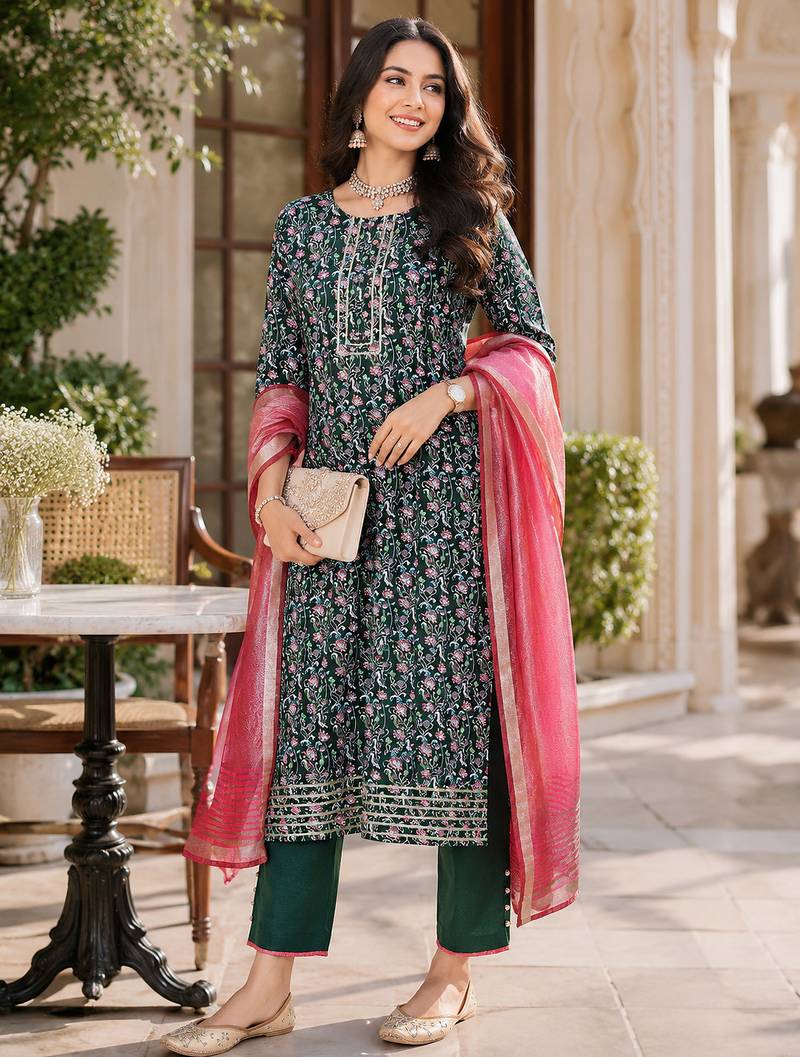  women's kalamkari print straight side slit kurta pant set with organza dupatta