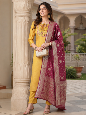  women's art silk  embroidered straight side slit kurta set with dupatta 1