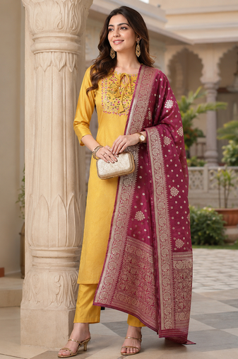  women's art silk  embroidered straight side slit kurta set with dupatta