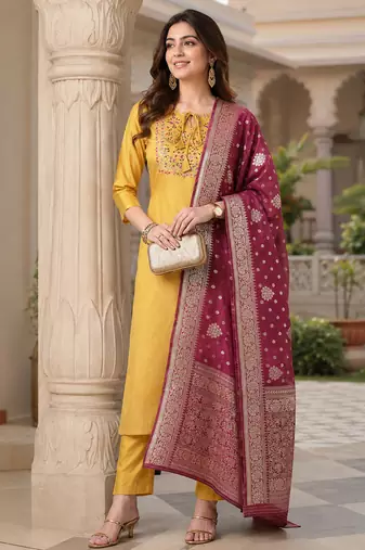  women's art silk  embroidered straight side slit kurta set with dupatta
