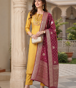  women's art silk  embroidered straight side slit kurta set with dupatta