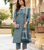 women's straight side slit  mirror work  kurta pant set with digital mal dupatta