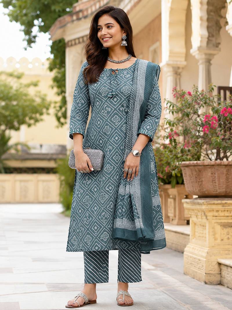 women's straight side slit  mirror work  kurta pant set with digital mal dupatta