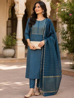 women's blue sequin embroidery kurta set with jacquard dupatta 1