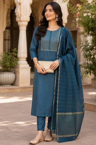 women's blue sequin embroidery kurta set with jacquard dupatta