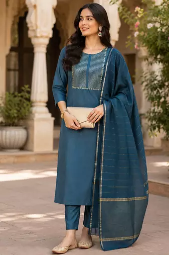 women's blue sequin embroidery kurta set with jacquard dupatta