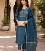 women's blue sequin embroidery kurta set with jacquard dupatta