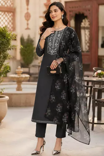  women's straight side slit  embroidered  kurta pant set with digital  dupatta