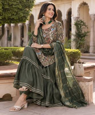  women's kalamkari print straight side slit kurta sharara with dupatta 2