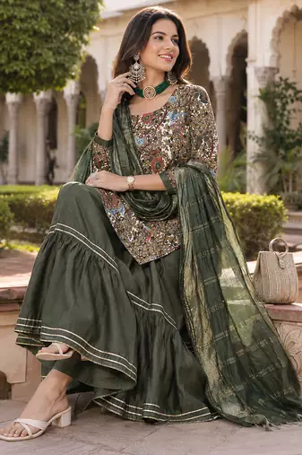  women's kalamkari print straight side slit kurta sharara with dupatta