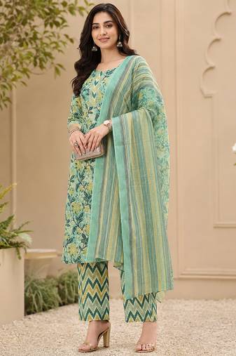 women's jaipuri floral print straight side slit kurta plazzo set with dupatta