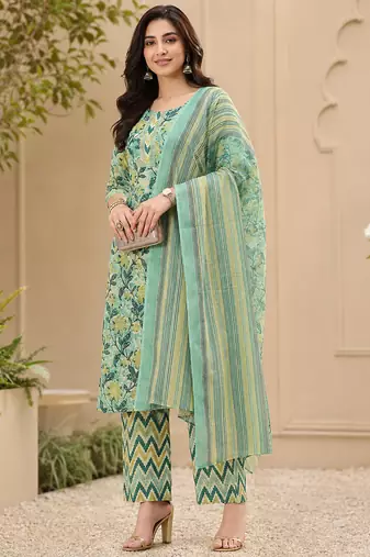 women's jaipuri floral print straight side slit kurta plazzo set with dupatta