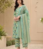 women's jaipuri floral print straight side slit kurta plazzo set with dupatta