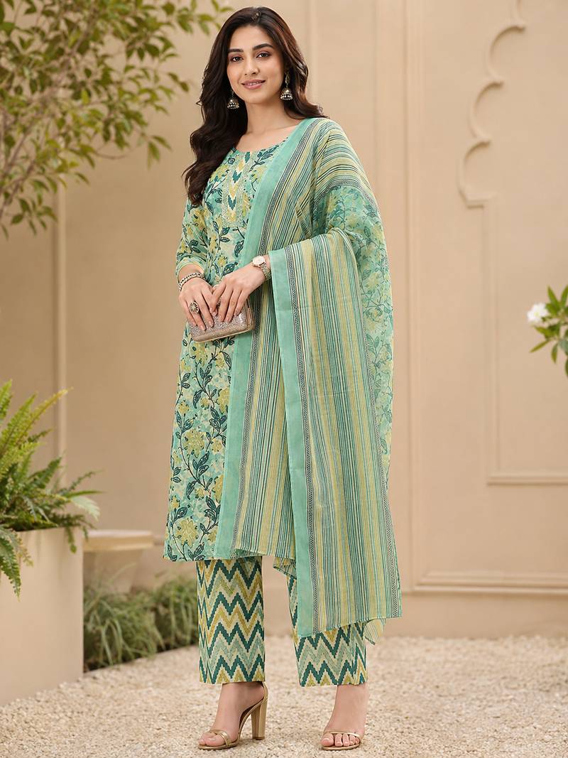 women's jaipuri floral print straight side slit kurta plazzo set with dupatta