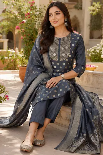 women's chanderi silk embroidered kurta set with jacquard dupatta