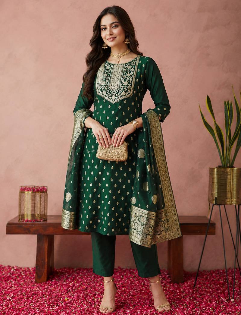women's chanderi silk embroidered kurta set with jacquard dupatta