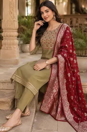  women's beige art silk  heavy embroidered kurta set with dupatta