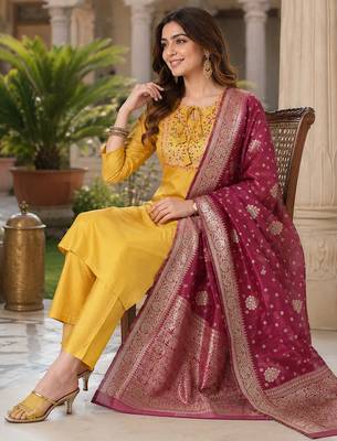  women's art silk  embroidered straight side slit kurta set with dupatta 2