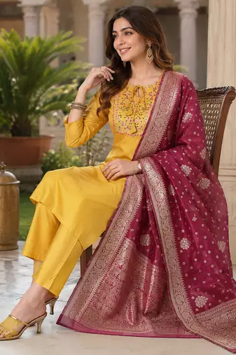  women's art silk  embroidered straight side slit kurta set with dupatta