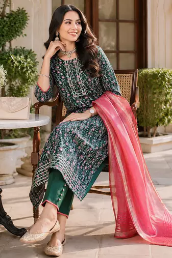  women's kalamkari print straight side slit kurta pant set with organza dupatta