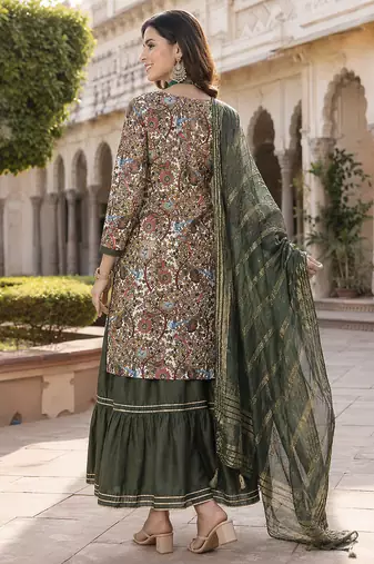  women's kalamkari print straight side slit kurta sharara with dupatta