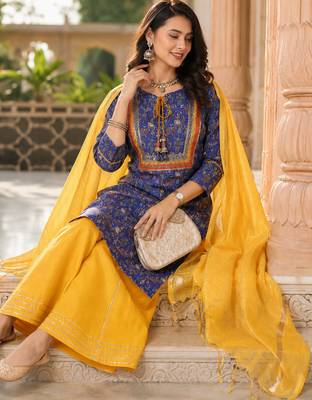 women's kalamkari print straight side slit kurta skirt with  dupatta 2