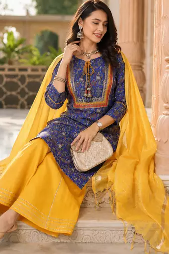 women's kalamkari print straight side slit kurta skirt with  dupatta