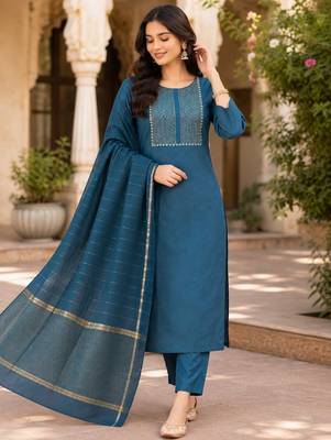 women's blue sequin embroidery kurta set with jacquard dupatta 2