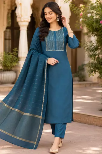 women's blue sequin embroidery kurta set with jacquard dupatta