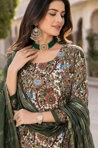  women's kalamkari print straight side slit kurta sharara with dupatta