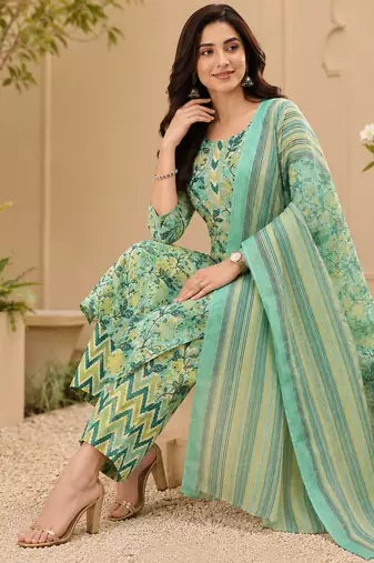 women's jaipuri floral print straight side slit kurta plazzo set with dupatta