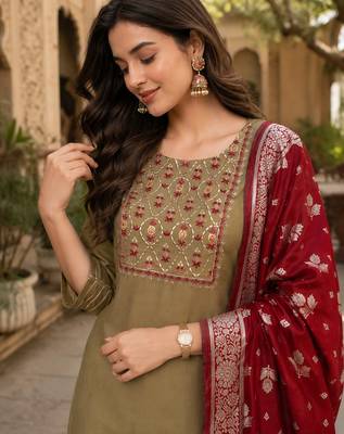  women's beige art silk  heavy embroidered kurta set with dupatta 3
